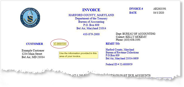 Picture of an example invoice showing the customer number location