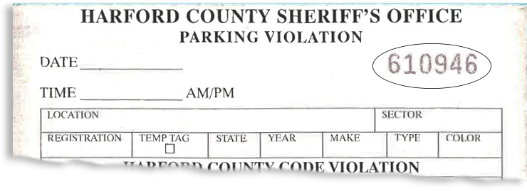Picture of an example ticket showing the Sheriff's Office Ticket Number location